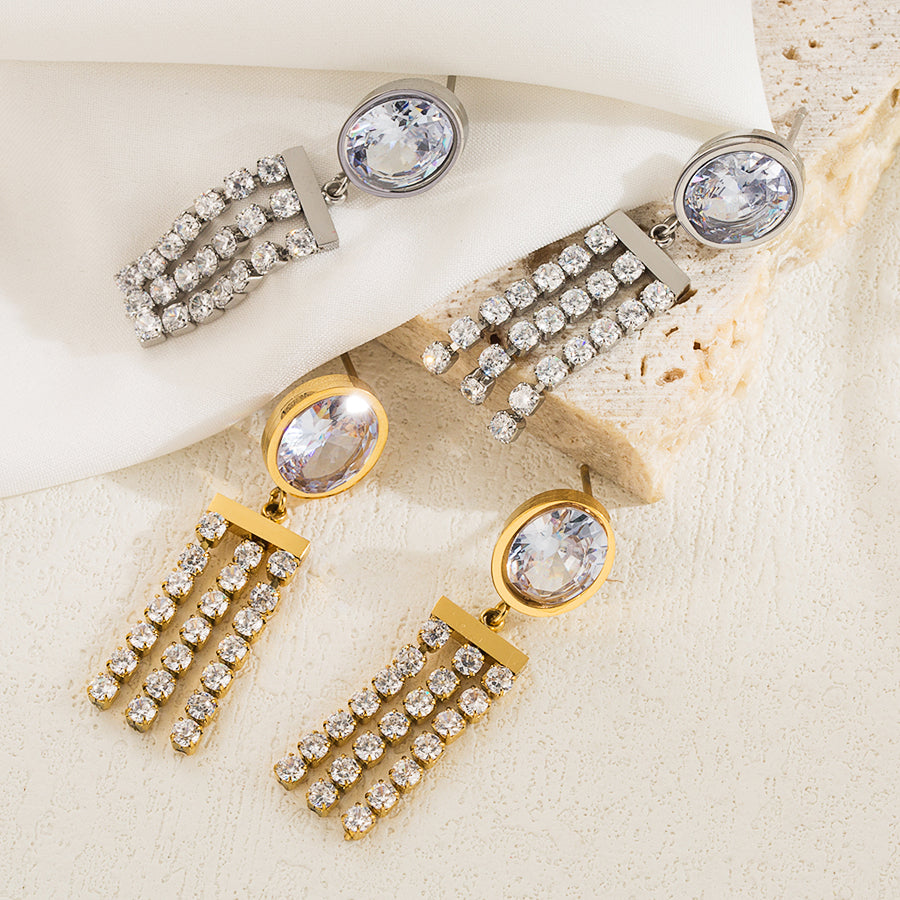 Elegant Round Stainless Steel Zircon Drop Earrings