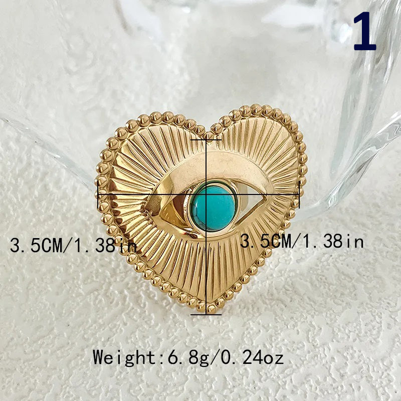 Stainless Steel Gold Plated Vintage Style Simple Style Plating Inlay Irregular Heart Shape Turquoise Pearl Zircon Open Rings