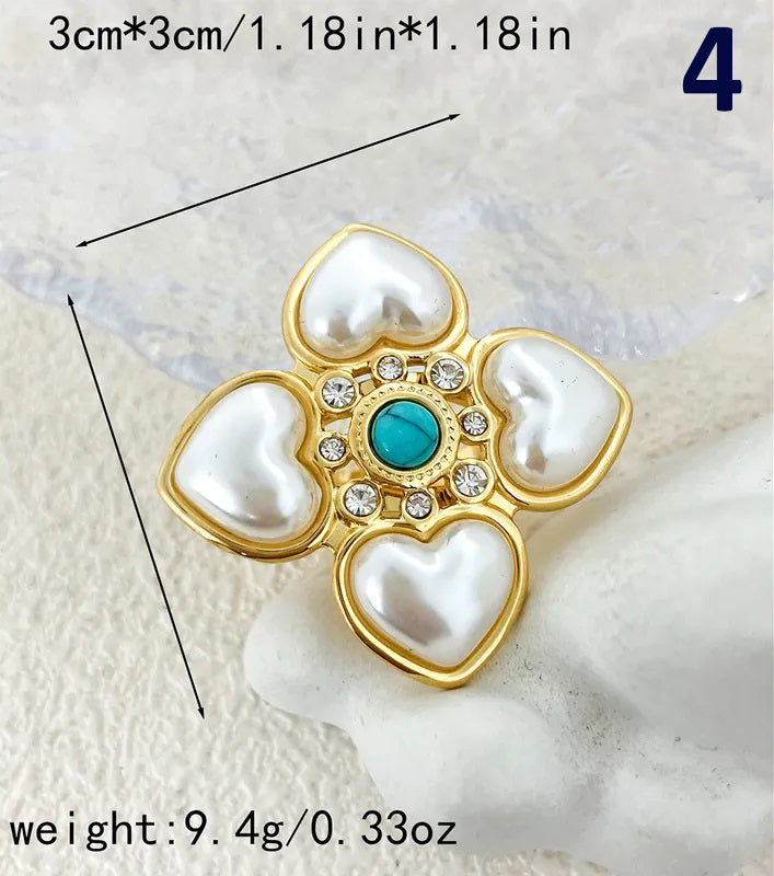 Stainless Steel Gold Plated Vintage Style Simple Style Plating Inlay Irregular Heart Shape Turquoise Pearl Zircon Open Rings
