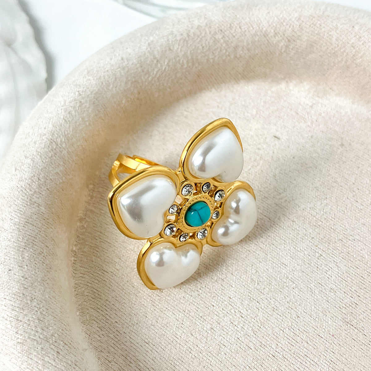 Stainless Steel Gold Plated Vintage Style Simple Style Plating Inlay Irregular Heart Shape Turquoise Pearl Zircon Open Rings