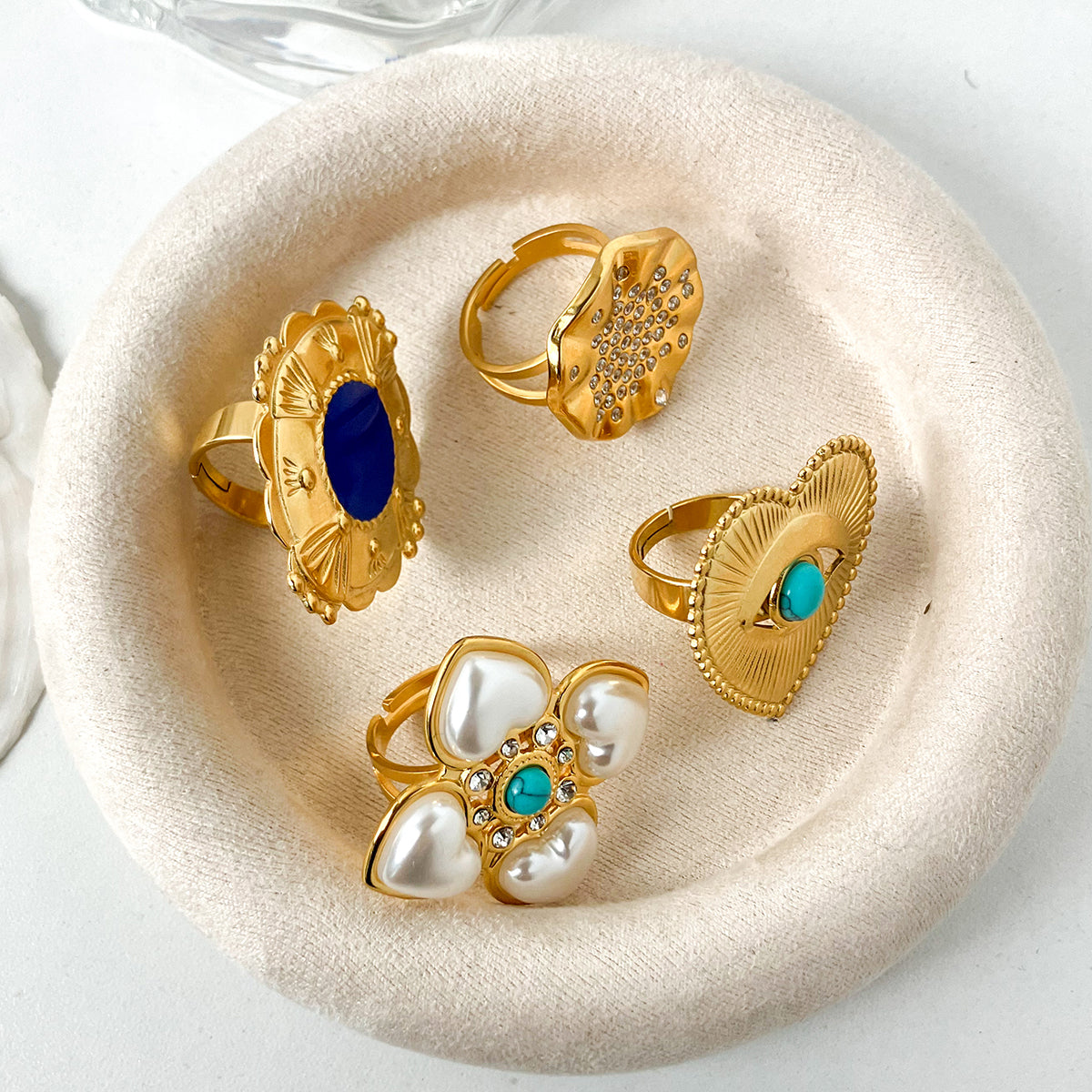 Stainless Steel Gold Plated Vintage Style Simple Style Plating Inlay Irregular Heart Shape Turquoise Pearl Zircon Open Rings