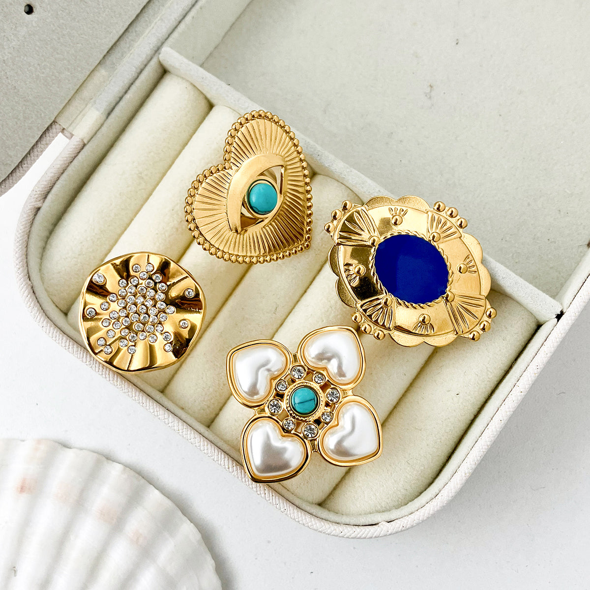 Stainless Steel Gold Plated Vintage Style Simple Style Plating Inlay Irregular Heart Shape Turquoise Pearl Zircon Open Rings