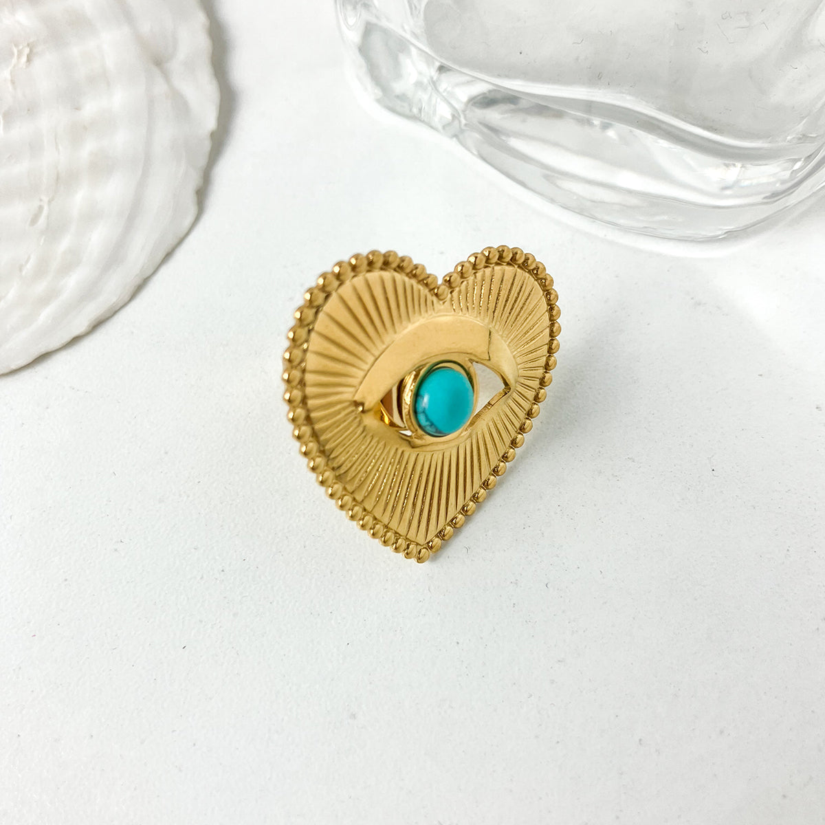 Stainless Steel Gold Plated Vintage Style Simple Style Plating Inlay Irregular Heart Shape Turquoise Pearl Zircon Open Rings