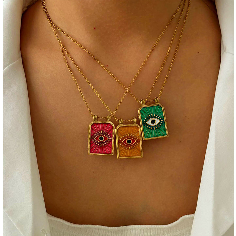 Ατσάλινο κολιέ με μάτι σε ορθογώνιο μοτίφ σμάλτου – Χονδρική So Cute by Dimi