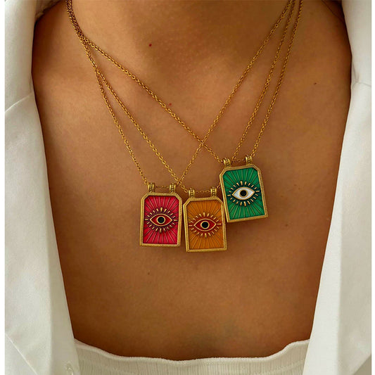 Ατσάλινο κολιέ με μάτι σε ορθογώνιο μοτίφ σμάλτου – Χονδρική So Cute by Dimi