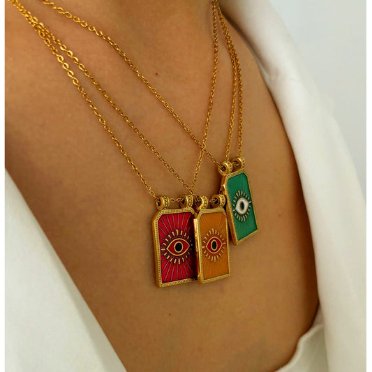 Ατσάλινο κολιέ με μάτι σε ορθογώνιο μοτίφ σμάλτου – Χονδρική So Cute by Dimi