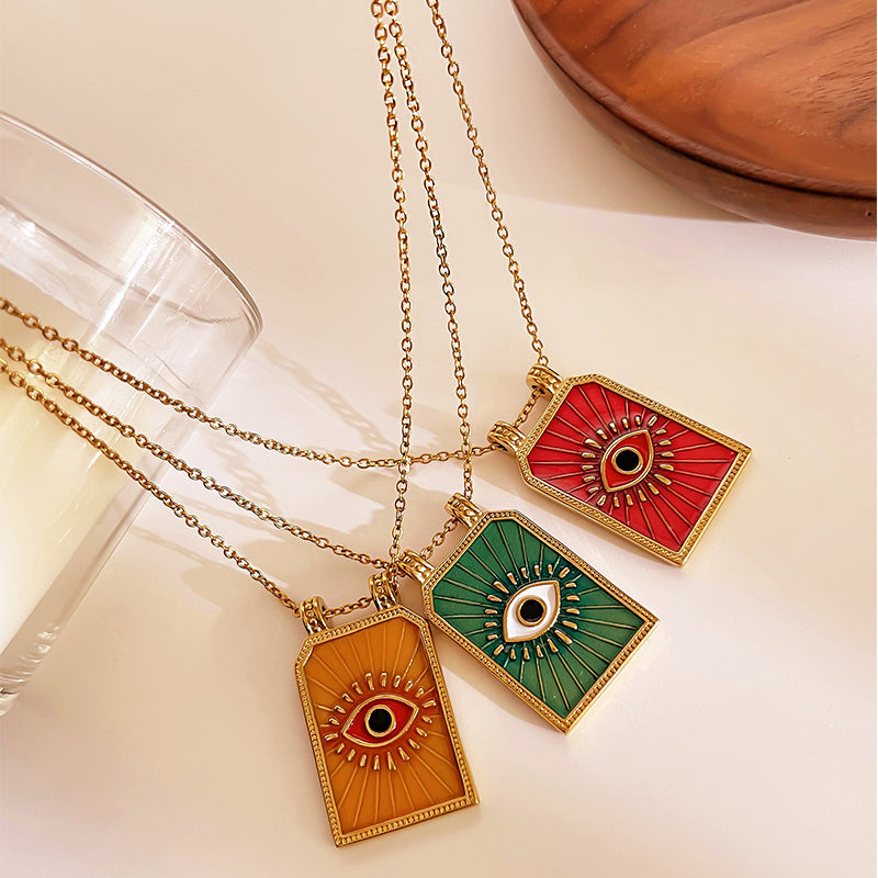 Ατσάλινο κολιέ με μάτι σε ορθογώνιο μοτίφ σμάλτου – Χονδρική So Cute by Dimi