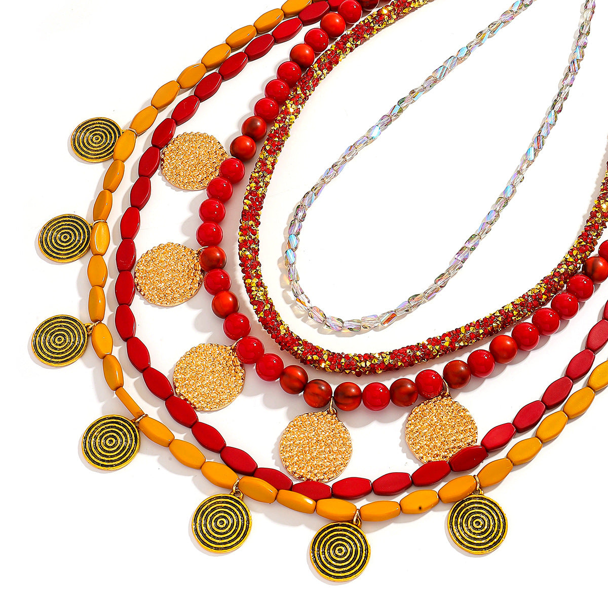Multi-layer boho κολιέ με κόκκινες και κίτρινες χάντρες και στρογγυλά μοτίφ So Cute By Dimi