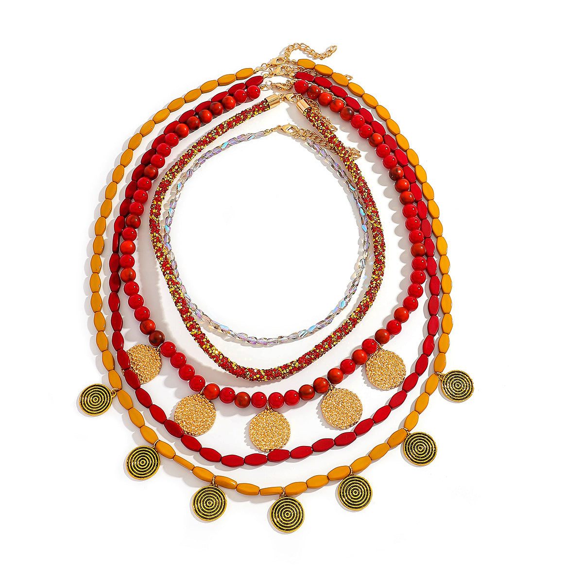 Multi-layer boho κολιέ με κόκκινες και κίτρινες χάντρες και στρογγυλά μοτίφ So Cute By Dimi