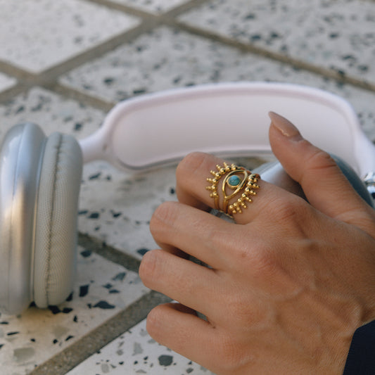 Δαχτυλίδι “Solar Vision” – Ατσάλινο με μάτι και τιρκουάζ πέτρα | So Cute by Dimi Wholesale