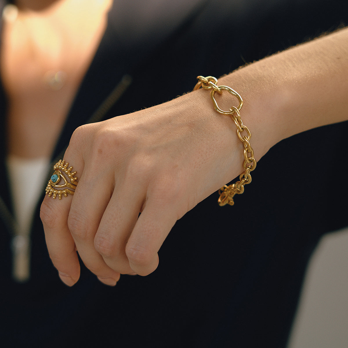 Δαχτυλίδι “Solar Vision” – Ατσάλινο με μάτι και τιρκουάζ πέτρα | So Cute by Dimi Wholesale