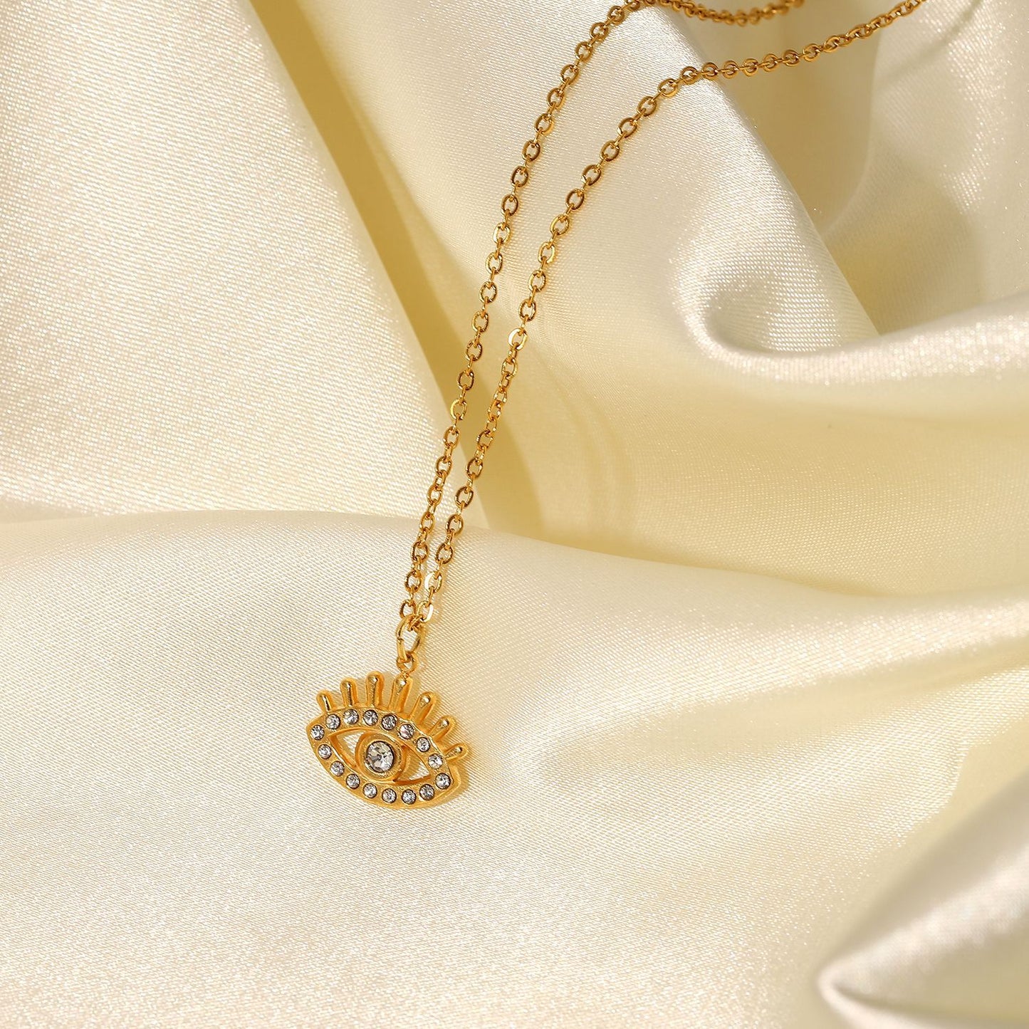 Fashion 18K Gold Hollow Devil's Eye Zircon Titanium Steel Pendant Stainless Steel Necklace