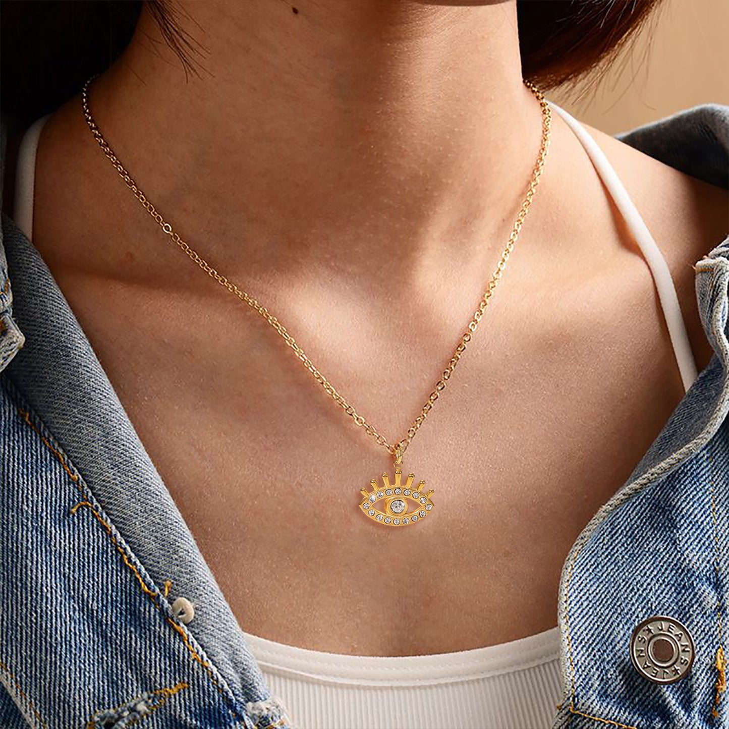 Fashion 18K Gold Hollow Devil's Eye Zircon Titanium Steel Pendant Stainless Steel Necklace
