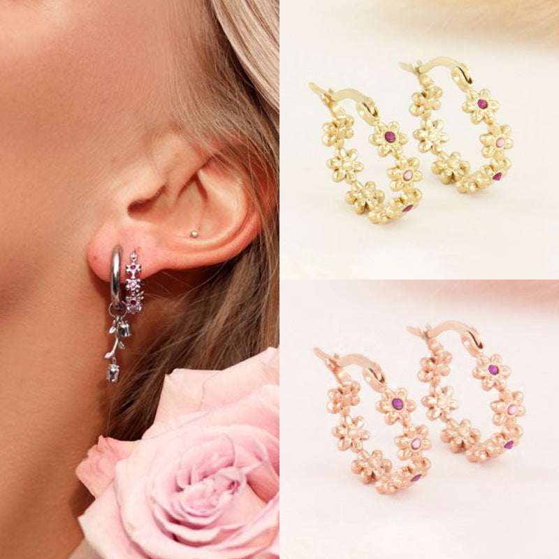 Fashion New Style in Flower motif Copper Hoop Earrings with Inlaid Zircon