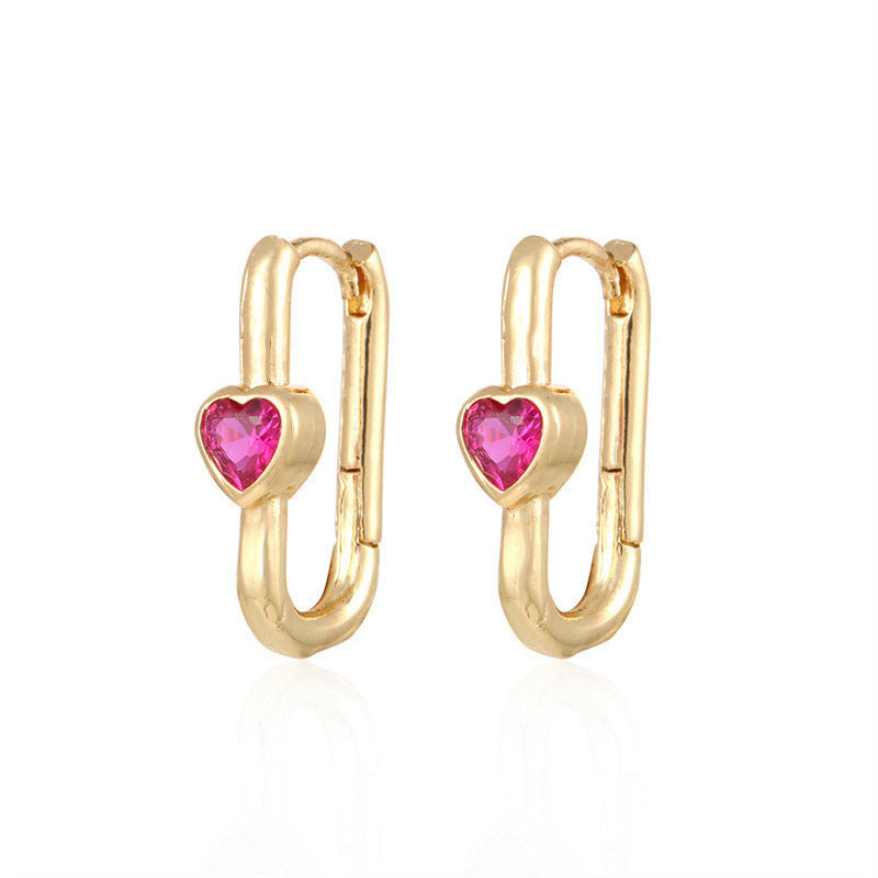 U-Shaped Copper Earrings with Heart-Shaped Zircon