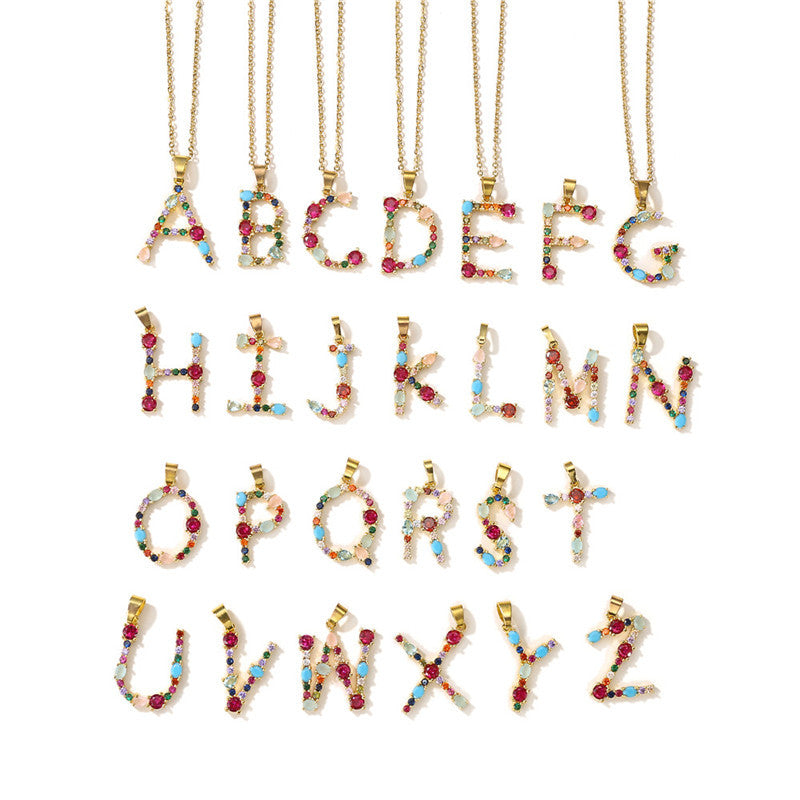 English Letter Necklace New Mixed Colored Gem Inlaid