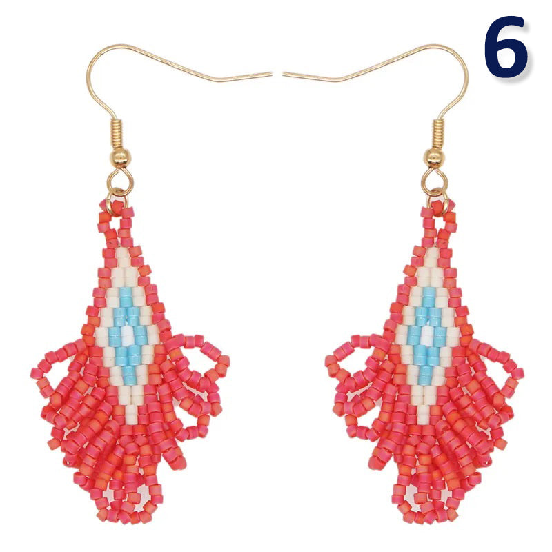 Cross-border European And American Bohemian Ethnic Style Ear Hook Miyuki Bead Woven Geometric Fan-shaped Tassel Earrings For Women