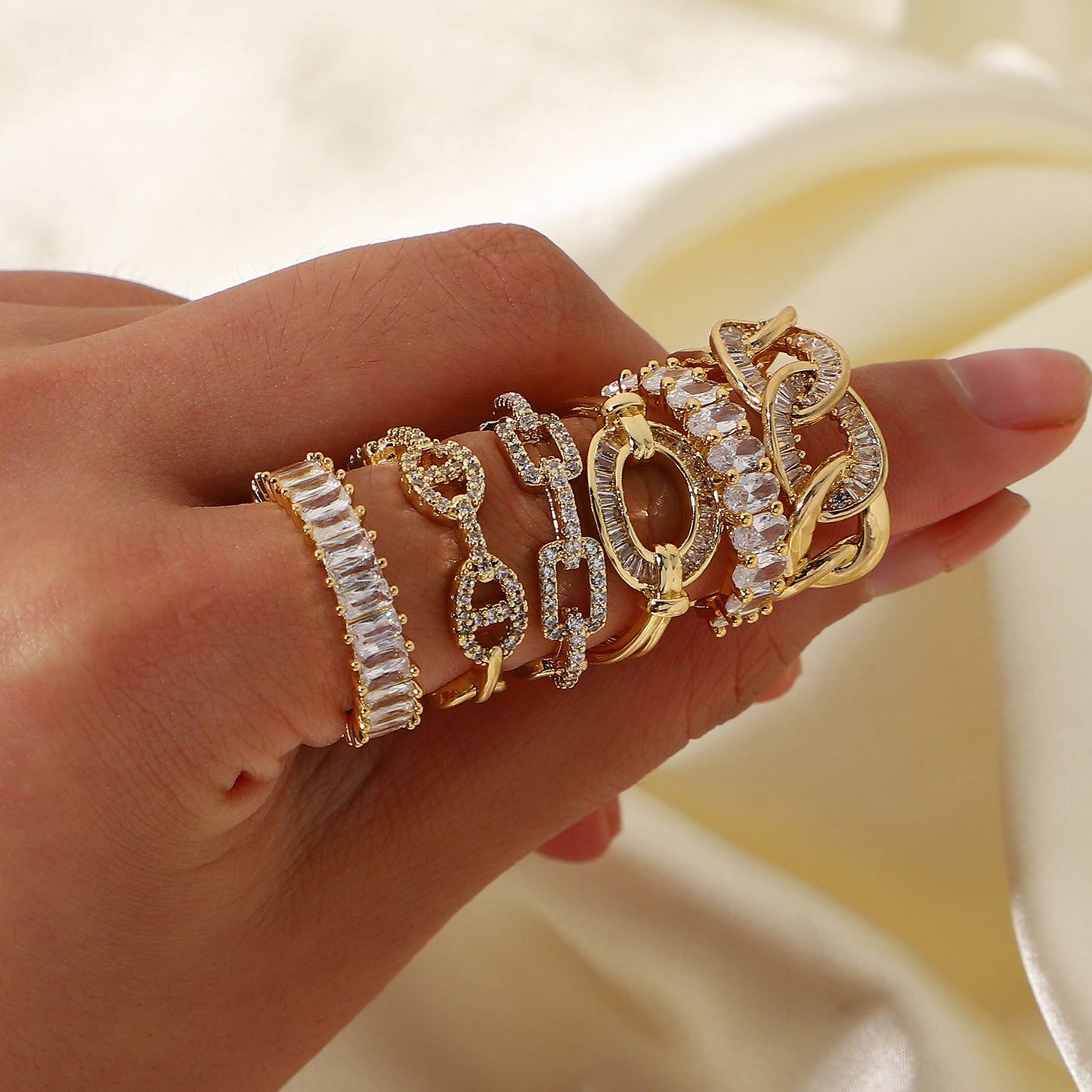 Fashion 18K Inlaid Zirconium Geometric Opening Adjustable Copper Ring