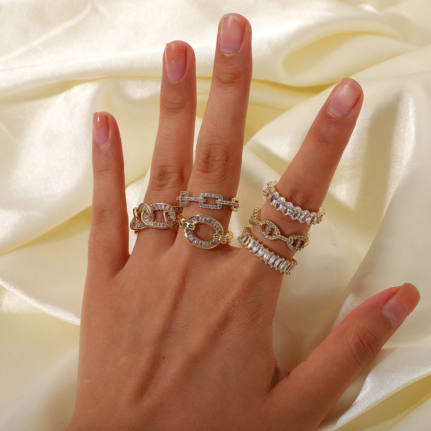 Fashion 18K Inlaid Zirconium Geometric Opening Adjustable Copper Ring