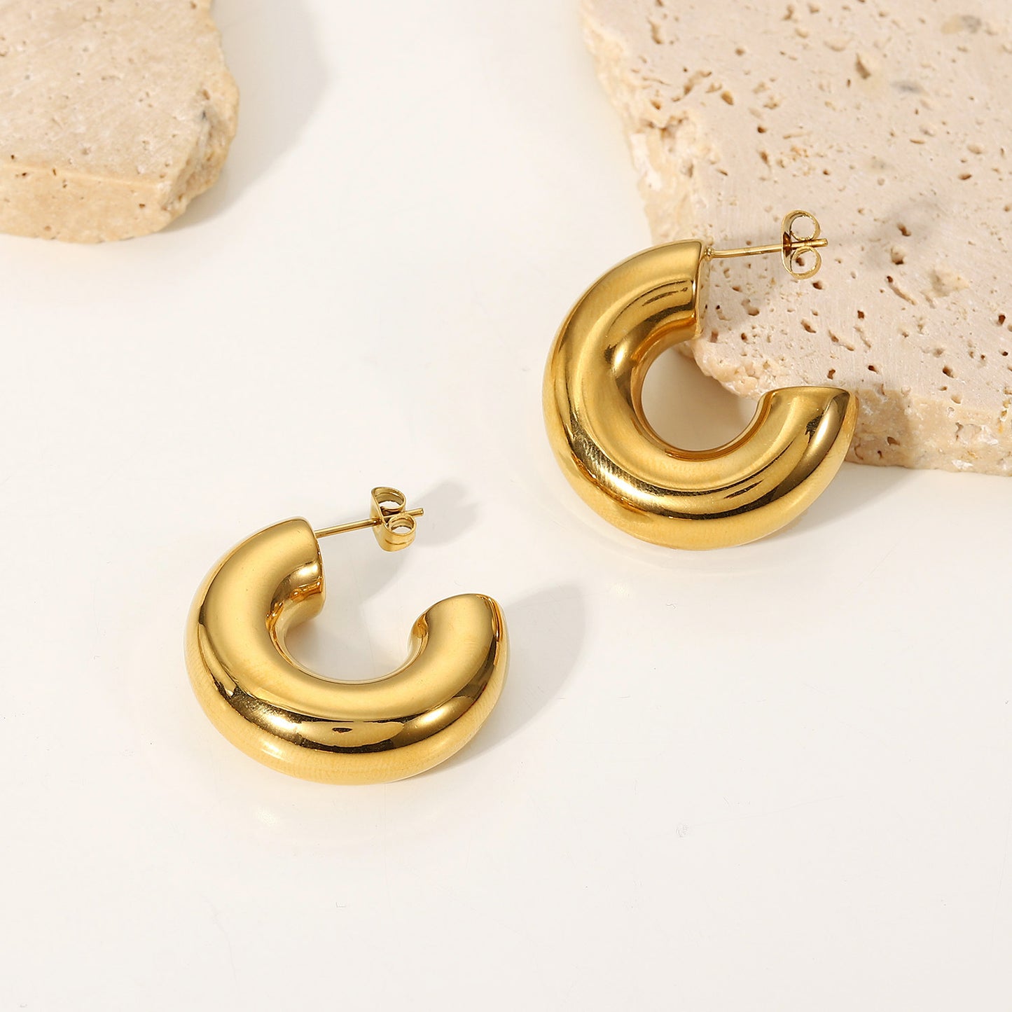 Large C Shape Stainless Steel 18K Gold Plated Earrings