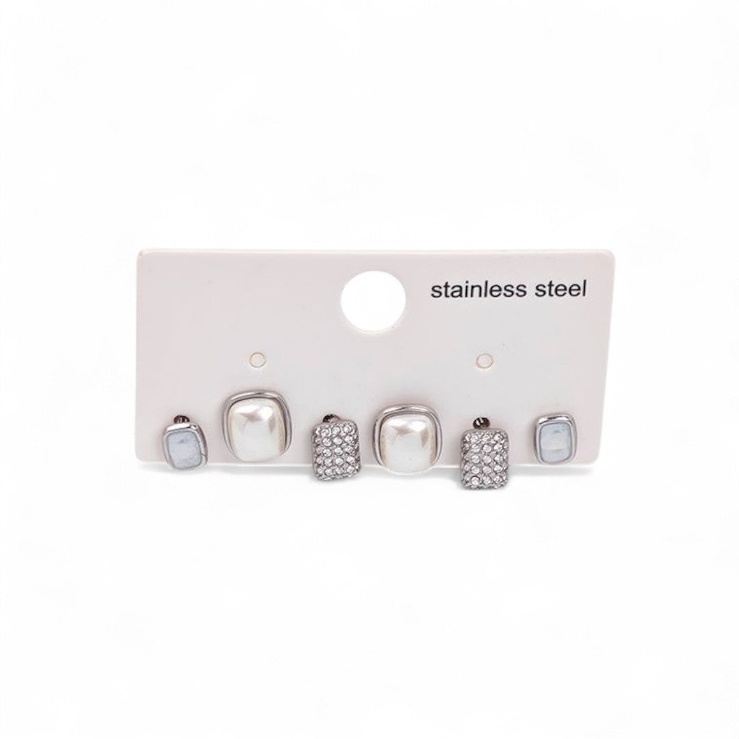 Σετ 3 ζευγαριών ατσάλινα σκουλαρίκια με πέρλα, strass & mother of pearl σε χρυσό και ασημί – So Cute by Dimi