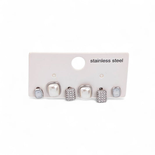 Σετ 3 ζευγαριών ατσάλινα σκουλαρίκια με πέρλα, strass & mother of pearl σε χρυσό και ασημί – So Cute by Dimi