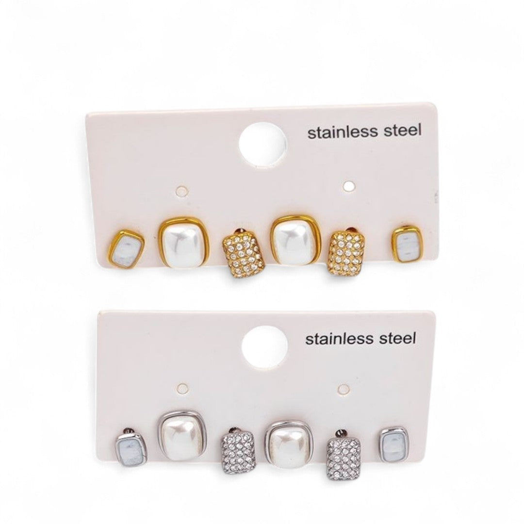 Σετ 3 ζευγαριών ατσάλινα σκουλαρίκια με πέρλα, strass & mother of pearl σε χρυσό και ασημί – So Cute by Dimi