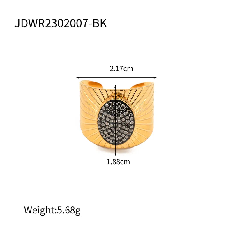 Retro Oval Stainless Steel Plating Inlay Rhinestones 18K Gold Plated Wide Band Ring
