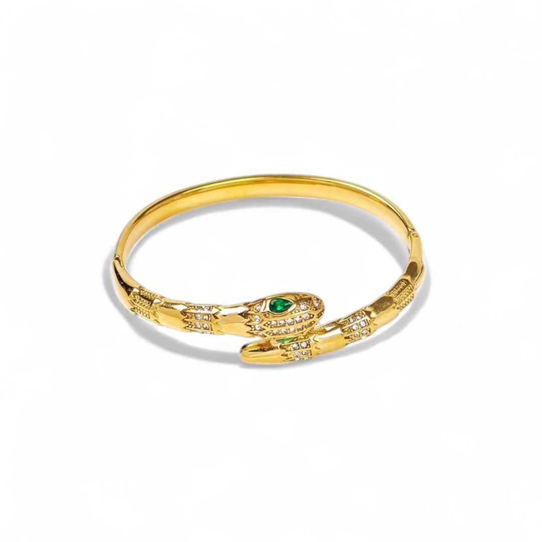 Ατσάλινο βραχιόλι με σχέδιο φιδιού και πράσινη πέτρα, σε χρυσό και ασημί – So Cute by Dimi