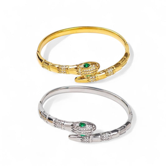 Ατσάλινο βραχιόλι με σχέδιο φιδιού και πράσινη πέτρα, σε χρυσό και ασημί – So Cute by Dimi