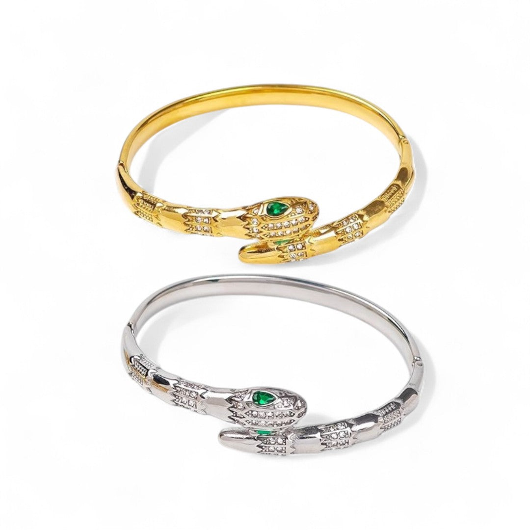 Ατσάλινο βραχιόλι με σχέδιο φιδιού και πράσινη πέτρα, σε χρυσό και ασημί – So Cute by Dimi