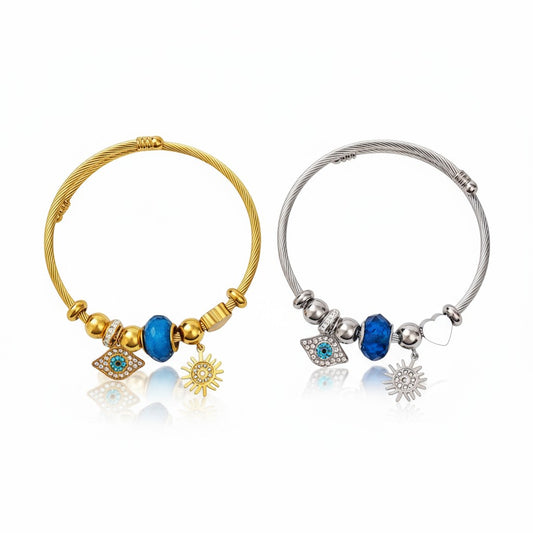Aτσάλινο βραχιόλι Sun & Eye με μάτι, ήλιο και μπλε χάντρα σε χρυσό & ασημί. Χονδρική So Cute by DImi