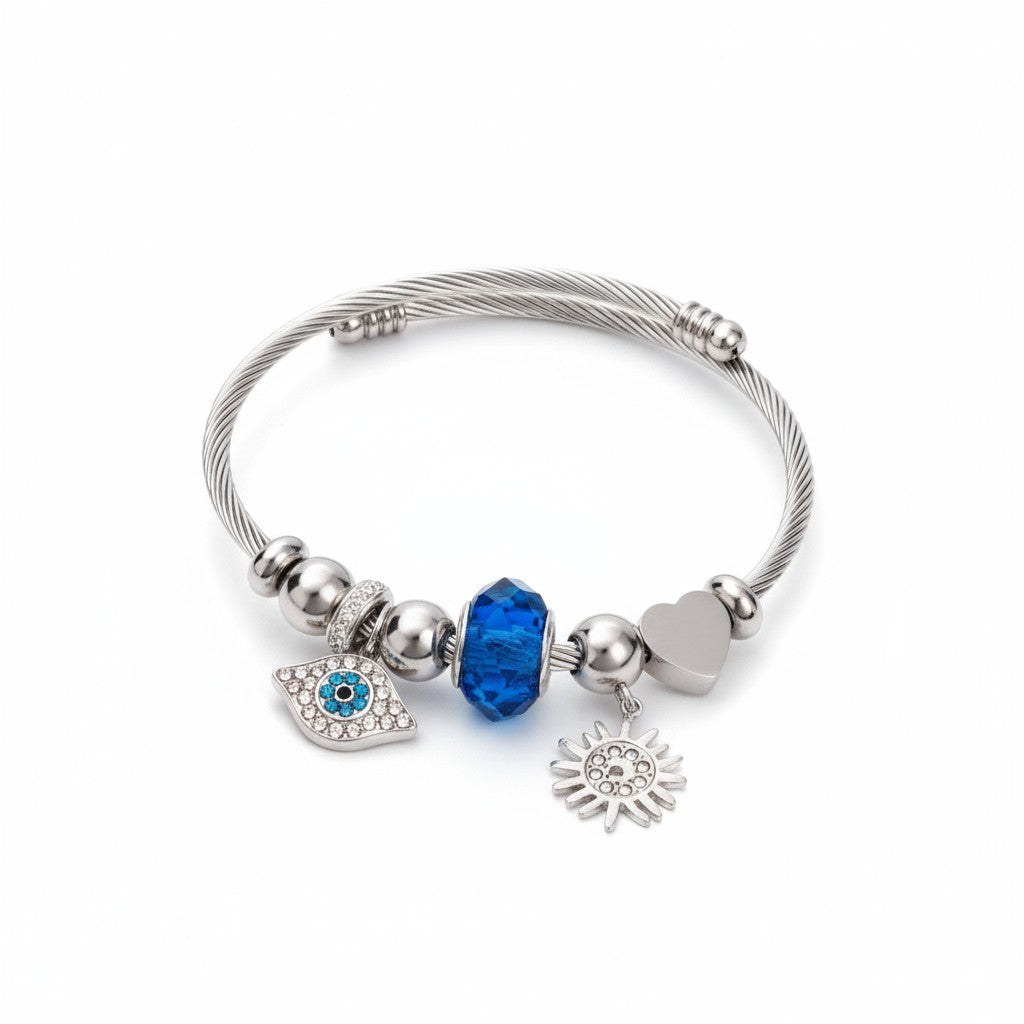 Aτσάλινο βραχιόλι Sun & Eye με μάτι, ήλιο και μπλε χάντρα σε χρυσό & ασημί. Χονδρική So Cute by DImi