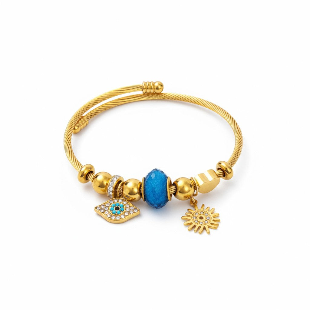 Aτσάλινο βραχιόλι Sun & Eye με μάτι, ήλιο και μπλε χάντρα σε χρυσό & ασημί. Χονδρική So Cute by DImi