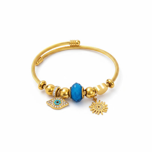 Aτσάλινο βραχιόλι Sun & Eye με μάτι, ήλιο και μπλε χάντρα σε χρυσό & ασημί. Χονδρική So Cute by DImi