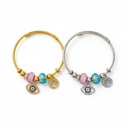 Aτσάλινο βραχιόλι με μάτι, δέντρο ζωής και ροζ & γαλάζιες χάντρες σε χρυσό & ασημί Χονδρική | So Cute by Dimi