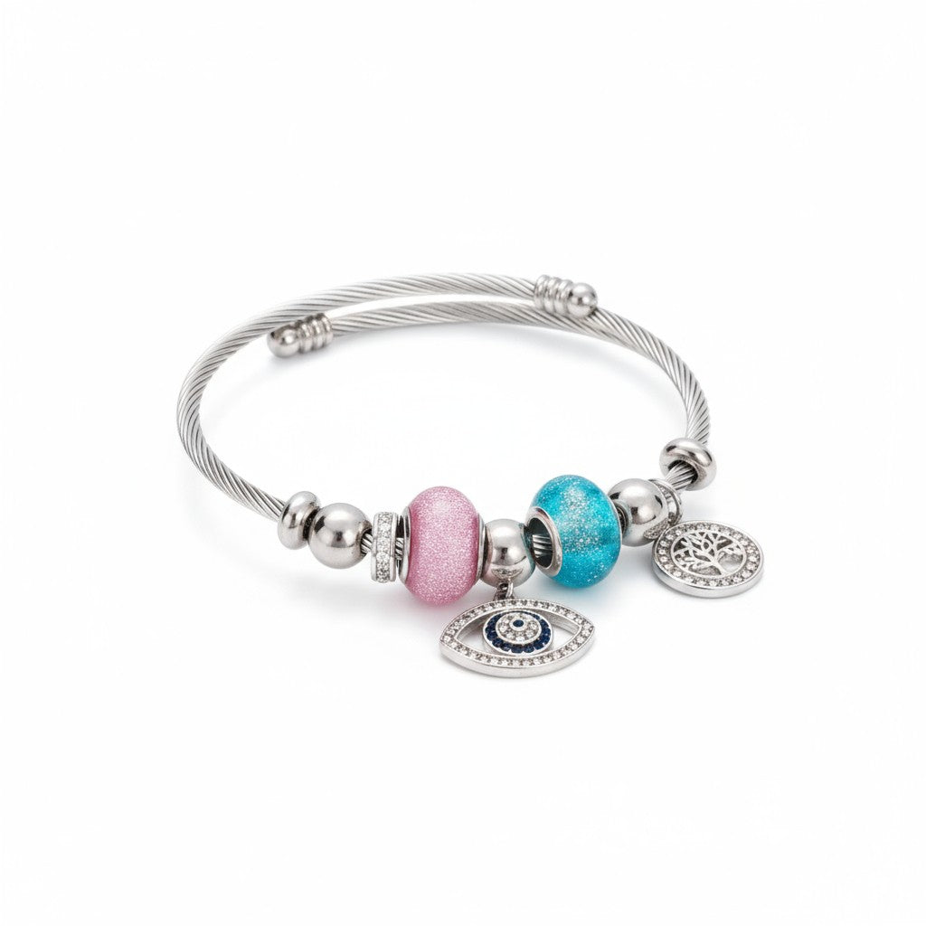 Aτσάλινο βραχιόλι με μάτι, δέντρο ζωής και ροζ & γαλάζιες χάντρες σε ασημί Χονδρική | So Cute by Dimi