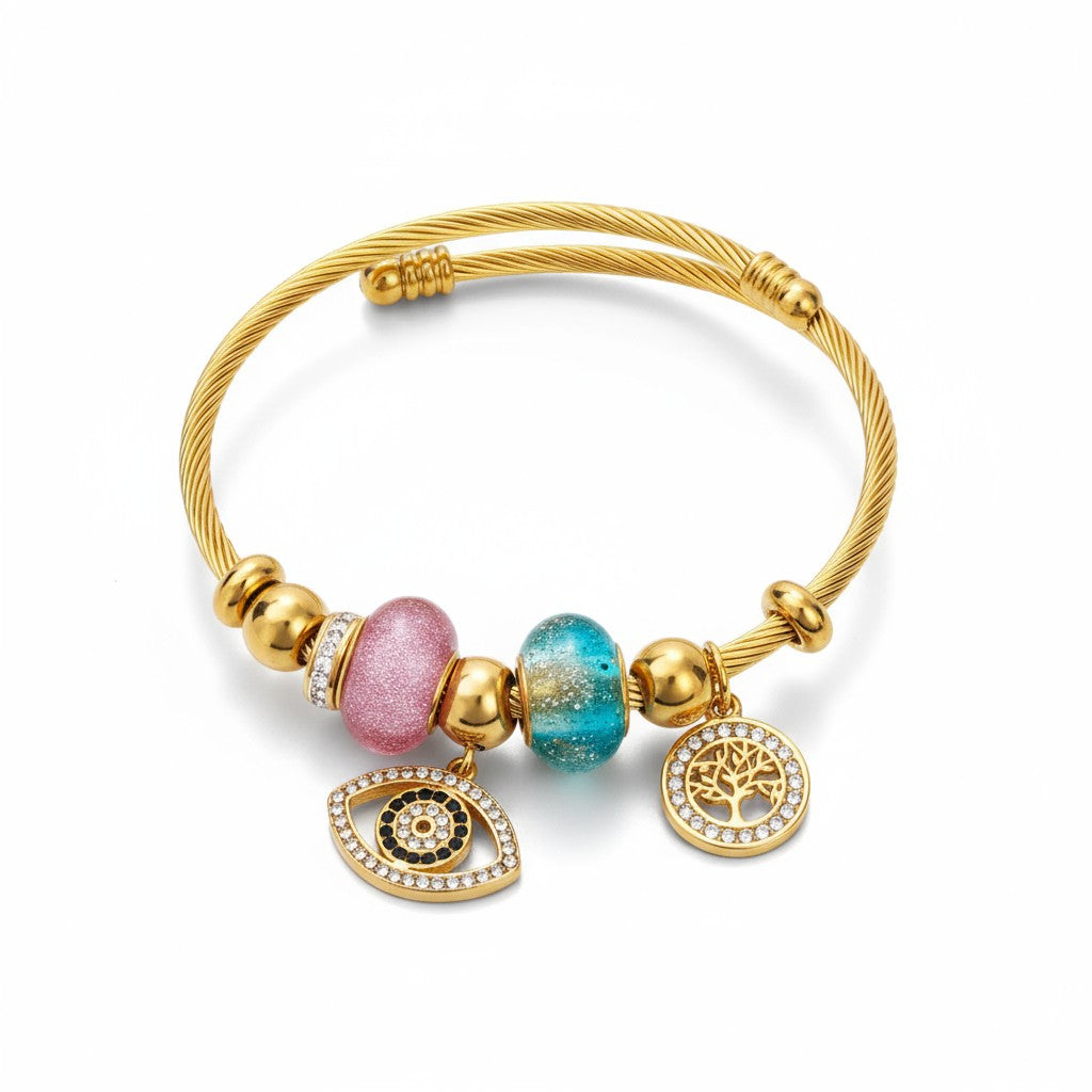 Aτσάλινο βραχιόλι με μάτι, δέντρο ζωής και ροζ & γαλάζιες χάντρες σε χρυσό Χονδρική | So Cute by Dimi