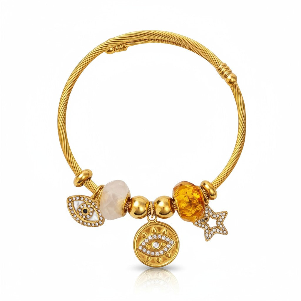 Χονδρικό ατσάλινο βραχιόλι Lucky Charms με μάτι, αστέρι και κρύσταλλα σε χρυσό & ασημί