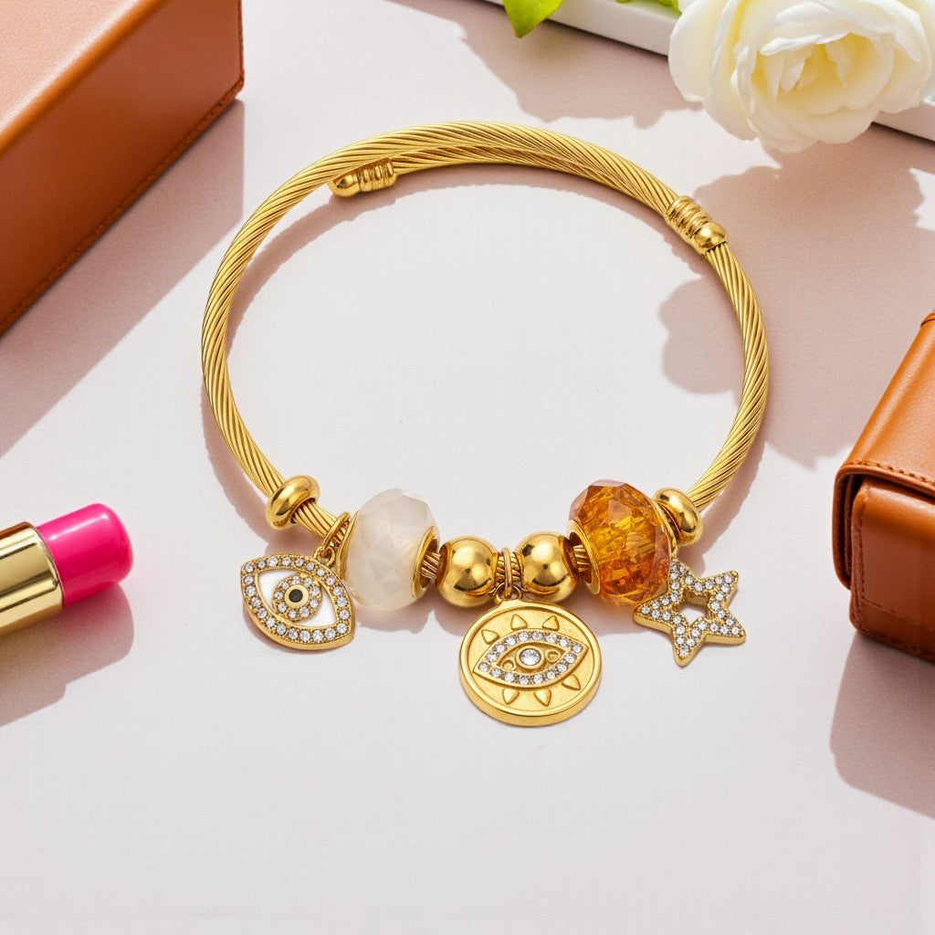 Χονδρικό ατσάλινο βραχιόλι Lucky Charms με μάτι, αστέρι και κρύσταλλα σε χρυσό & ασημί