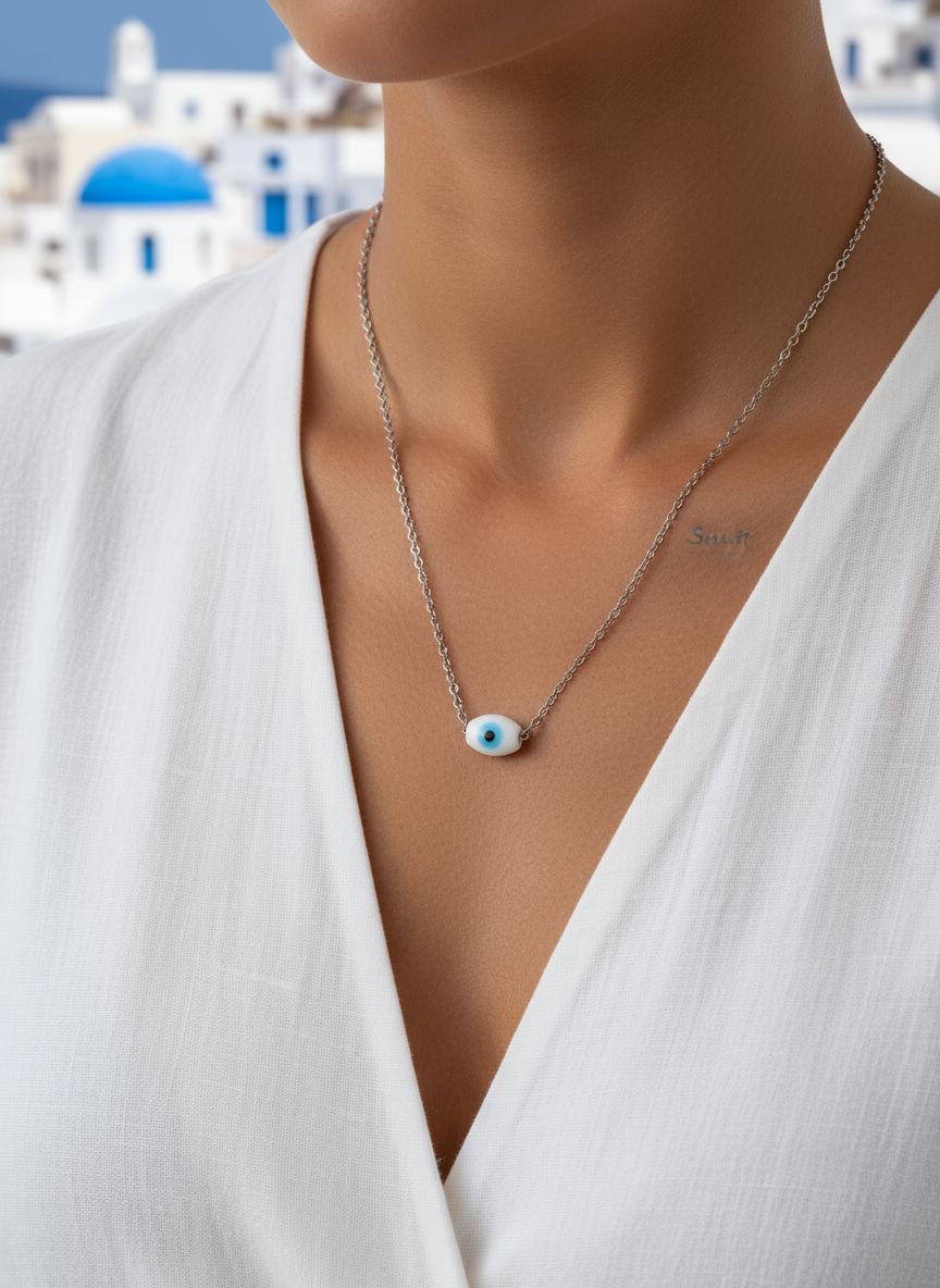 Χειροποίητο ατσάλινο κολιέ με γυάλινη χάντρα μάτι – So Cute by Dimi Wholesale