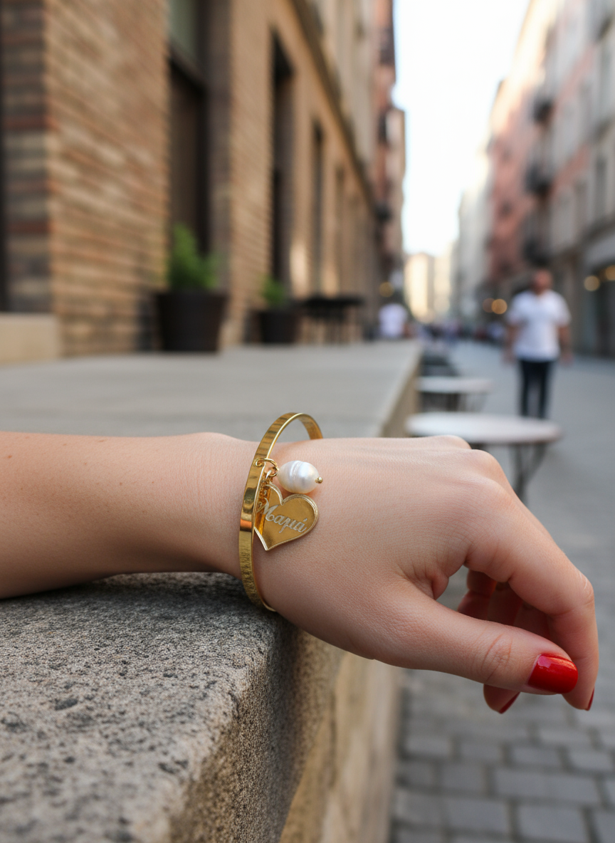 Χειροποίητη χειροπέδα με πλεξιγκλάς καρδιά "Mama" και φυσική πέρλα – Mama Heart Bracelet – So Cute by Dimi