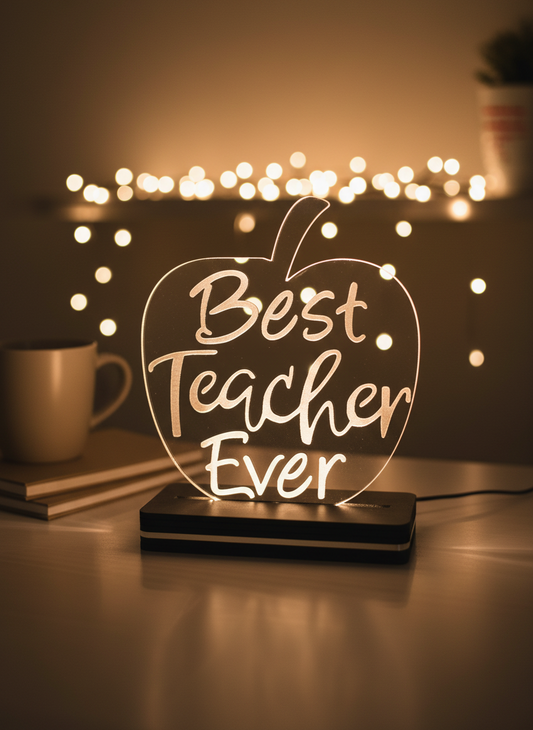 Διάφανο φωτιστικό LED Best Teacher Ever σε σχήμα μήλου με ξύλινη βάση