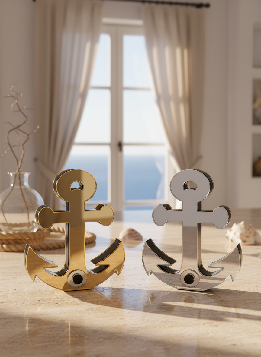 Επιτραπέζιο γούρι άγκυρα με μάτι από πλεξιγκλάς καθρέφτη, διπλής όψεως, σε χρυσό ή ασημί – ιδανικό για εταιρικά δώρα, συλλογές και luxury διακόσμηση So Cute by Dimi.