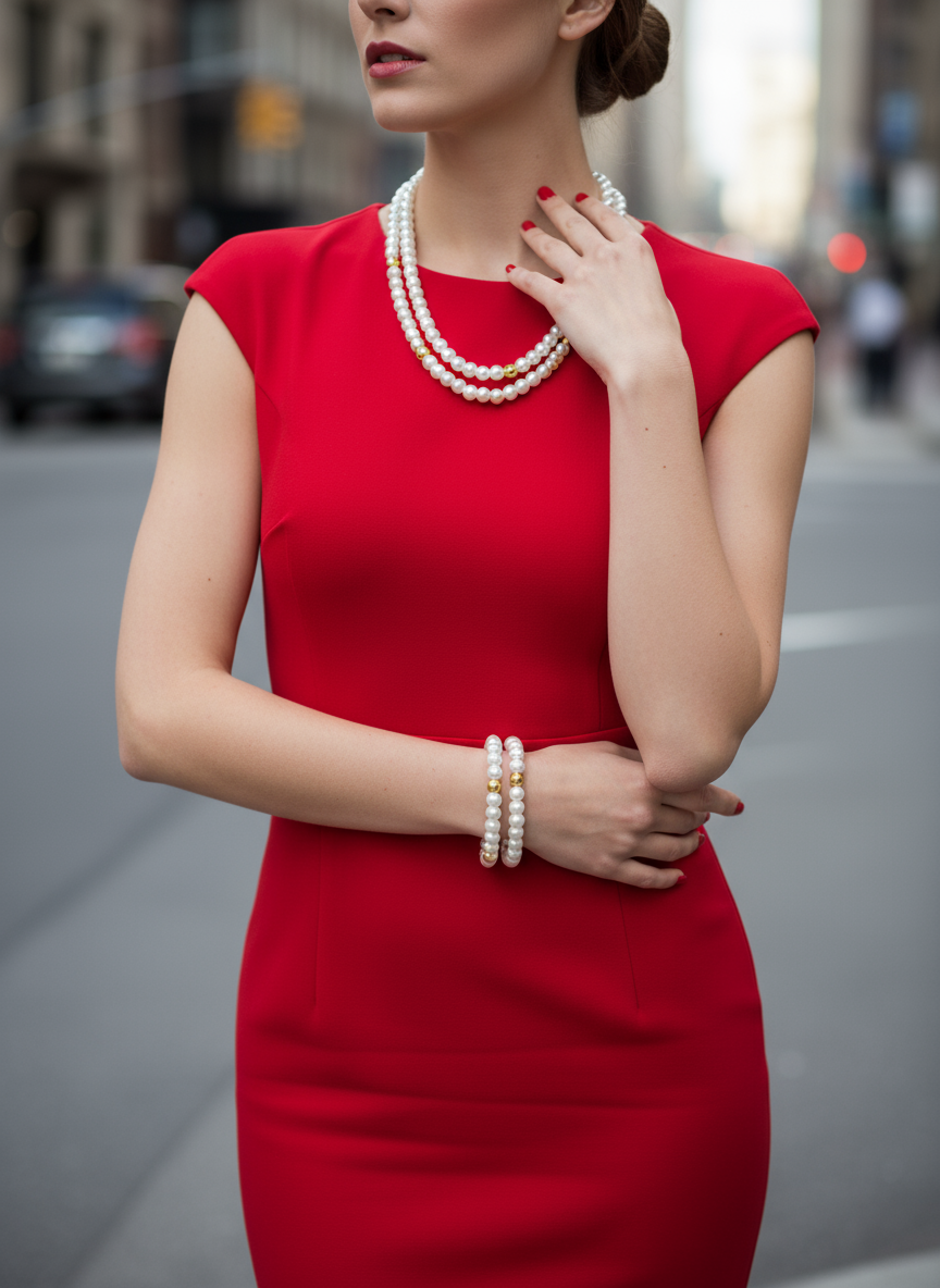 Χειροποίητο κολιέ και βραχιόλι με διπλή σειρά πέρλες και χρυσές χάντρες αιματίτη – So Cute by Dimi