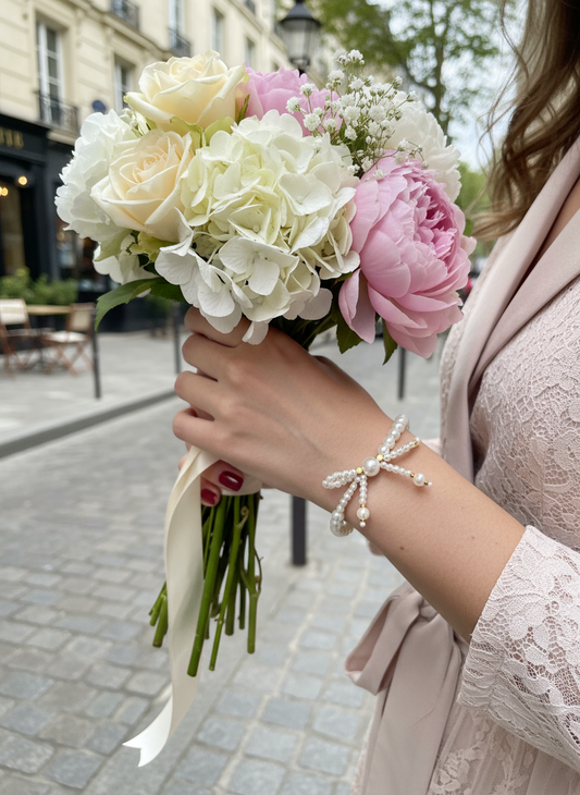 Χειροποίητο βραχιόλι με πέρλες και φιόγκο με μακριές άκρες – Felicia Bracelet – So Cute by Dimi