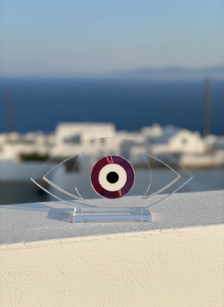 Επιτραπέζιο γούρι μάτι από διάφανο plexiglass με χρωματιστό κεντρικό μάτι πάνω σε λευκό minimal φόντο – So Cute by Dimi.