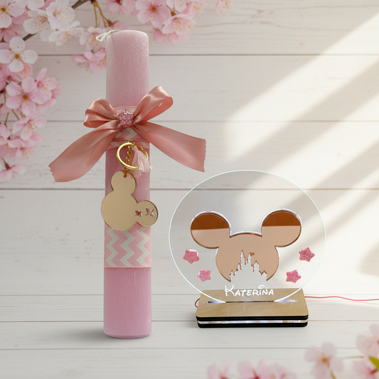 Πασχαλινή λαμπάδα Minnie rose gold με ασορτί LED φωτιστικό σε καθαρό προϊόντικό φόντο — σετ δώρου Πάσχα. So Cute by DImi