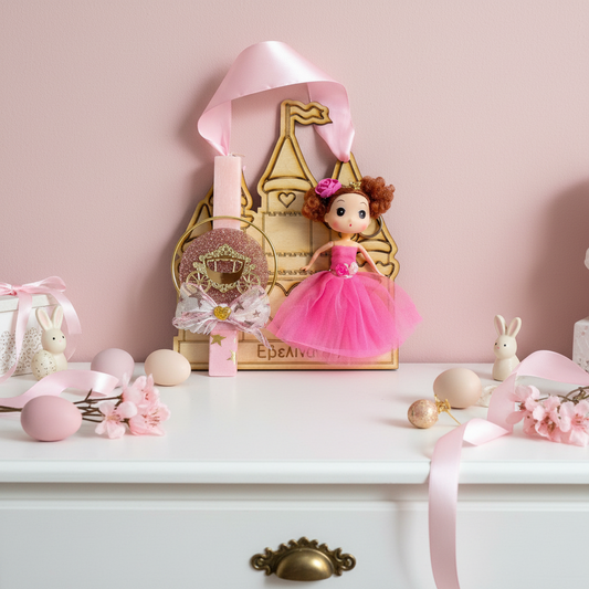 Χειροποίητο πασχαλινό σετ λαμπάδα άμαξα και κουκλίτσα πριγκίπισσα σε ξύλινη πλάτη – So Cute by Dimi