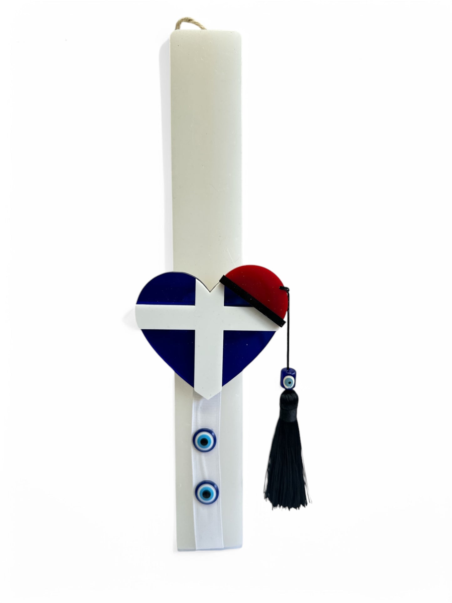 Χειροποίητη πασχαλινή λαμπάδα 30 εκ με μαγνητάκι καρδιά ελληνική σημαία από πλεξιγκλάς καθρέφτη, εταιρικό δώρο – So Cute by Dimi